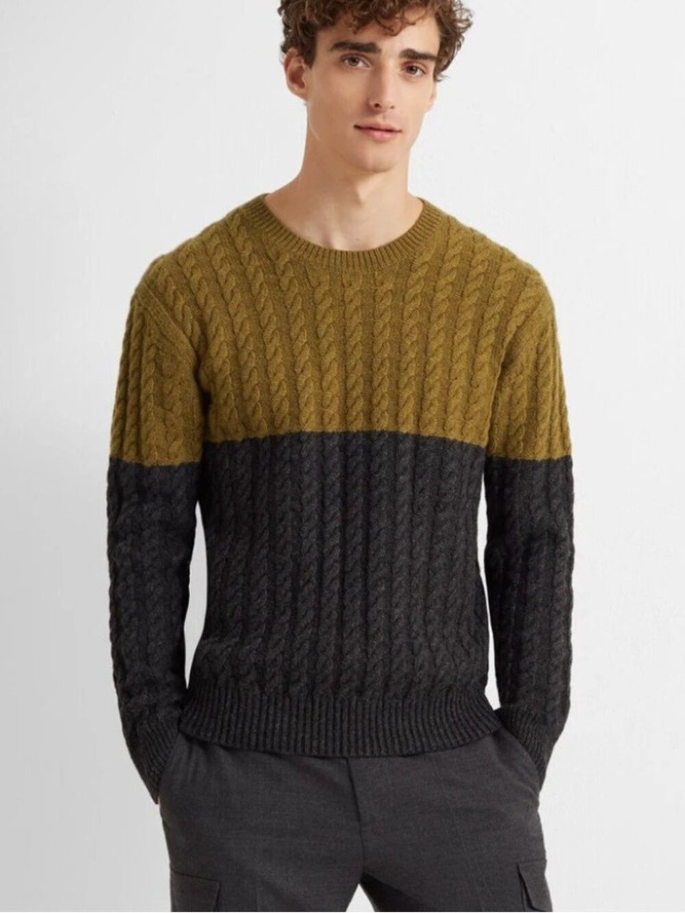 Cable Knit Lambswool Crewneck Green Gray Color Block Sweater Club Monaco Size XL